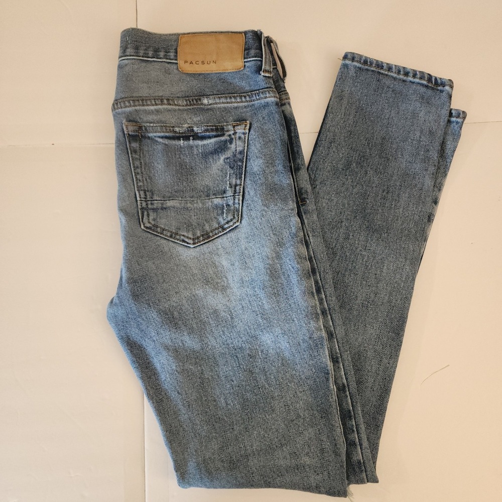 D40 PacSun Stacked Skinny Distressed Blue Jeans Mens 28x30 Ripped Knee Denim